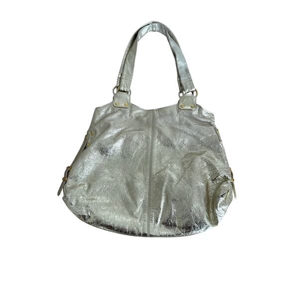Y2K Handbags - Vintage Y2K Metallic Silver Leather Hobo Shoulder Bag Gold Hardware Slouchy Tote
